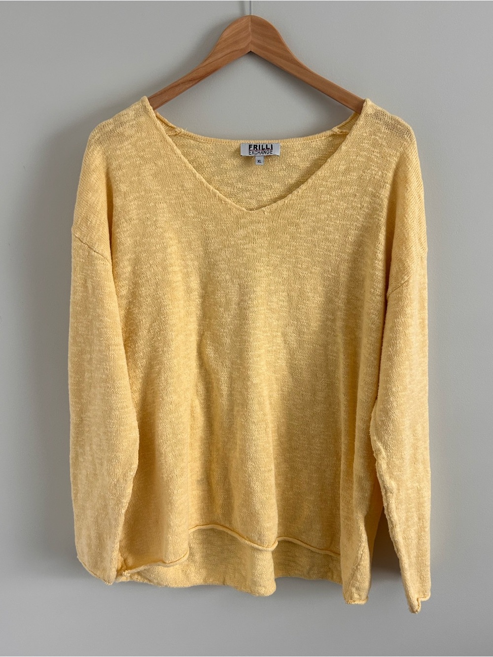 Butter Yellow Lightweight Cotton Knit V Neck Sweater, Size XL